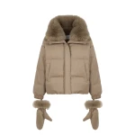 Yves Salomon Short Flannel Down Jacket with Detachable Fox Fur Collar and Mittens in Beige | Women | Luxury Shoes 