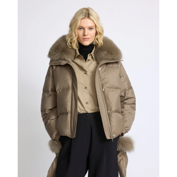Yves Salomon Short Flannel Down Jacket with Detachable Fox Fur Collar and Mittens in Beige | Jackets | Luxury Shoes 