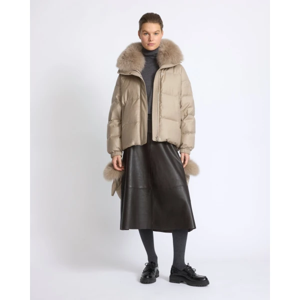 Yves Salomon Short Flannel Down Jacket with Detachable Fox Fur Collar and Mittens in Beige | Jackets | Luxury Shoes 