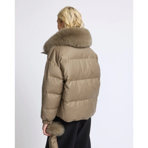 Yves Salomon Short Flannel Down Jacket with Detachable Fox Fur Collar and Mittens in Beige | Jackets | Luxury Shoes 