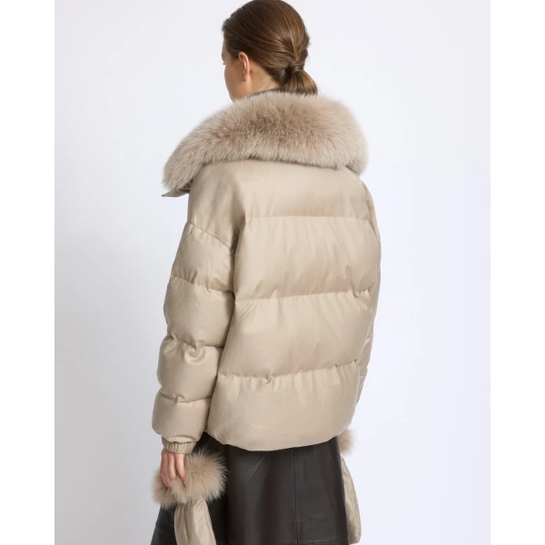 Yves Salomon Short Flannel Down Jacket with Detachable Fox Fur Collar and Mittens in Beige | Jackets | Luxury Shoes 