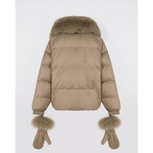 Yves Salomon Short Flannel Down Jacket with Detachable Fox Fur Collar and Mittens in Beige | Jackets | Luxury Shoes 