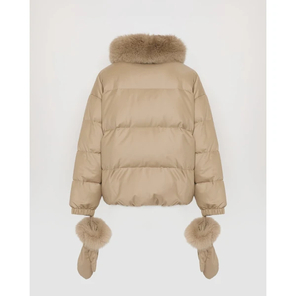 Yves Salomon Short Flannel Down Jacket with Detachable Fox Fur Collar and Mittens in Beige | Jackets | Luxury Shoes 