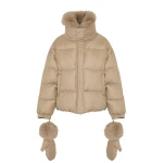 Yves Salomon Short Flannel Down Jacket with Detachable Fox Fur Collar and Mittens in Beige | Women | Luxury Shoes 