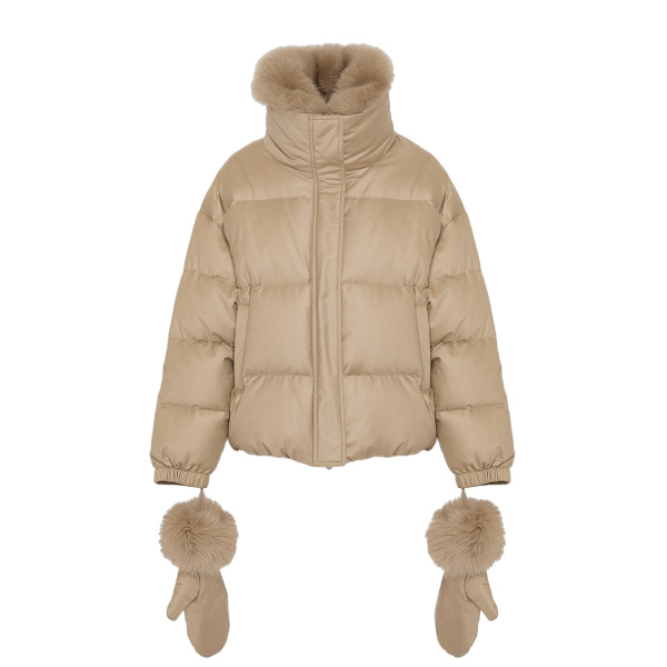 Yves Salomon Short Flannel Down Jacket with Detachable Fox Fur Collar and Mittens in Beige | Women | Luxury Shoes 