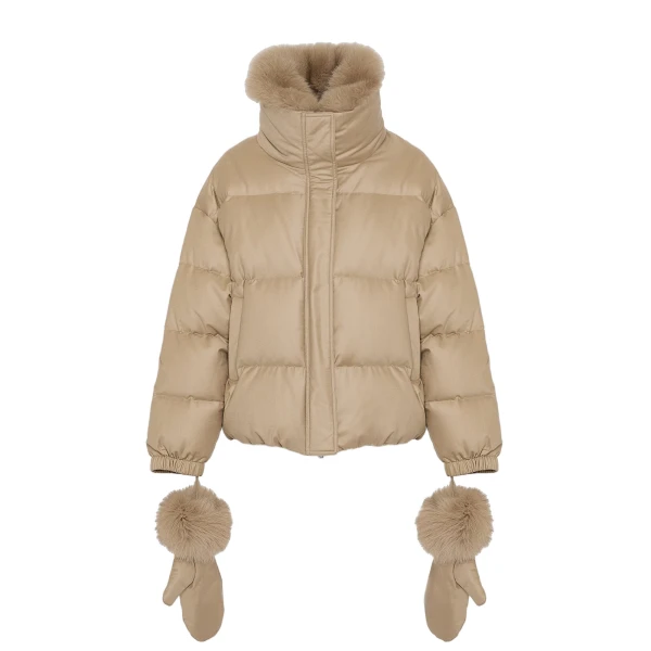 Yves Salomon Short Flannel Down Jacket with Detachable Fox Fur Collar and Mittens in Beige | Women | Luxury Shoes 