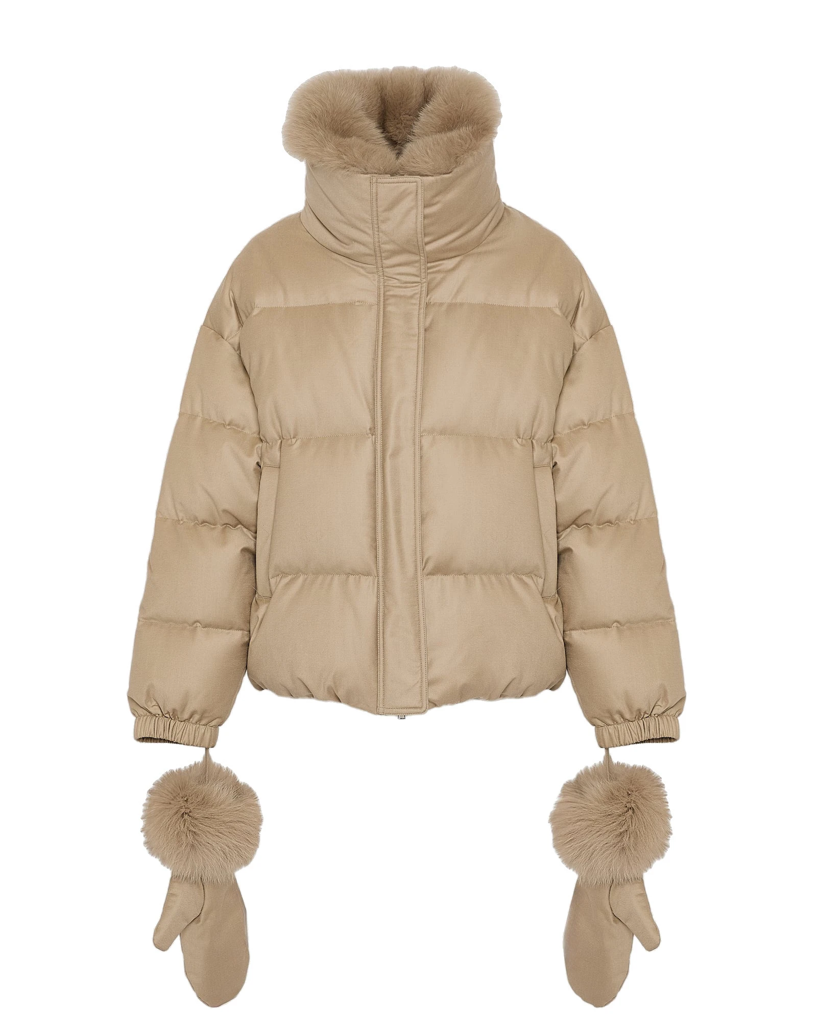 Yves Salomon Short Flannel Down Jacket with Detachable Fox Fur Collar and Mittens in Beige Yves Salomon Short Flannel Down Jacket with Detachable Fox Fur Collar and Mittens in Beige | Women | Luxury Shoes