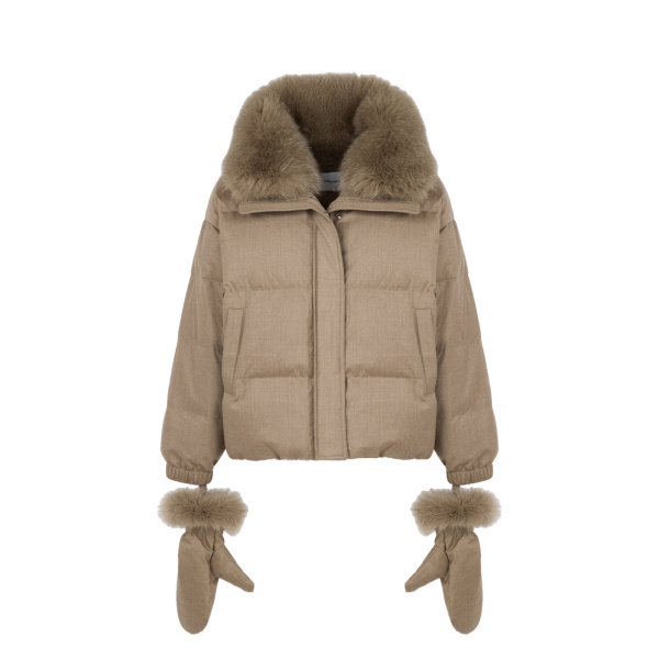 Yves Salomon Short Flannel Down Jacket with Detachable Fox Fur Collar and Mittens in Beige | Women | Luxury Shoes 