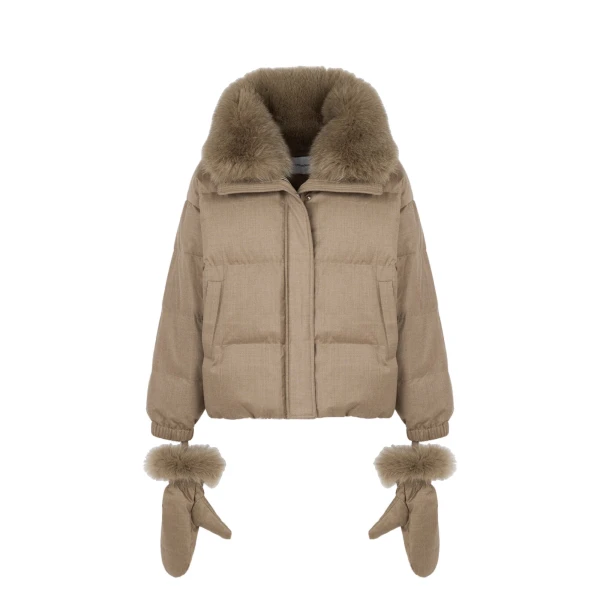 Yves Salomon Short Flannel Down Jacket with Detachable Fox Fur Collar and Mittens in Beige | Women | Luxury Shoes 