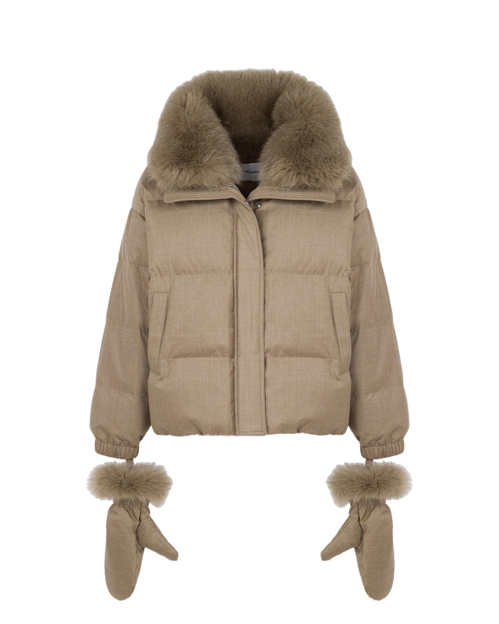Yves Salomon Short Flannel Down Jacket with Detachable Fox Fur Collar and Mittens in Beige Yves Salomon Short Flannel Down Jacket with Detachable Fox Fur Collar and Mittens in Beige | Women | Luxury Shoes