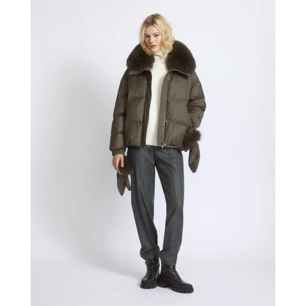 Yves Salomon Short Flannel Down Jacket with Detachable Fox Fur Collar and Mittens in Brown | Jackets | Luxury Shoes 