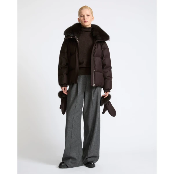 Yves Salomon Short Flannel Down Jacket with Detachable Fox Fur Collar and Mittens in Brown | Jackets | Luxury Shoes 