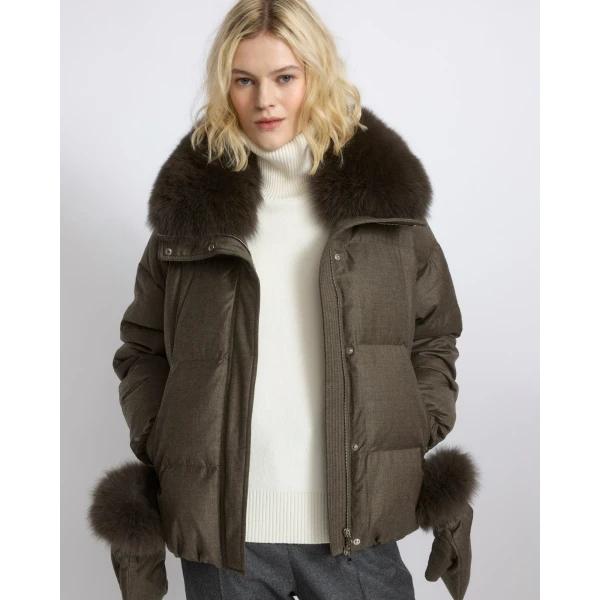 Yves Salomon Short Flannel Down Jacket with Detachable Fox Fur Collar and Mittens in Brown | Jackets | Luxury Shoes 