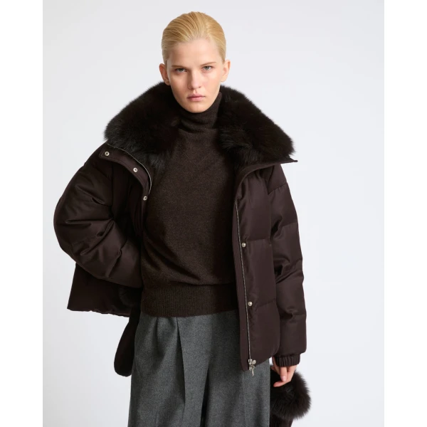 Yves Salomon Short Flannel Down Jacket with Detachable Fox Fur Collar and Mittens in Brown | Jackets | Luxury Shoes 