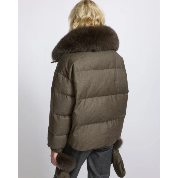 Yves Salomon Short Flannel Down Jacket with Detachable Fox Fur Collar and Mittens in Brown | Jackets | Luxury Shoes 