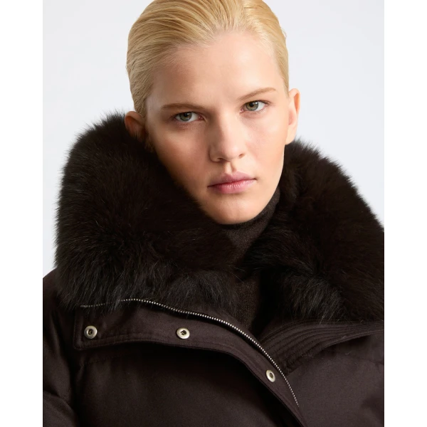 Yves Salomon Short Flannel Down Jacket with Detachable Fox Fur Collar and Mittens in Brown | Jackets | Luxury Shoes 