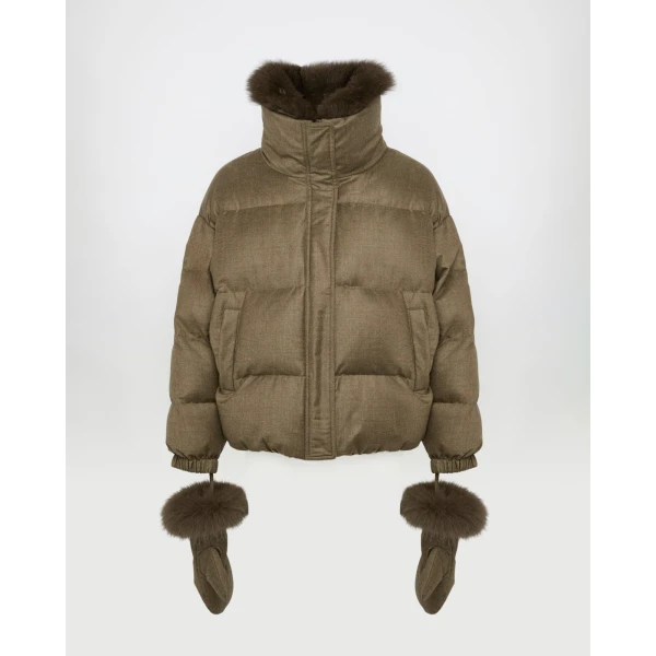 Yves Salomon Short Flannel Down Jacket with Detachable Fox Fur Collar and Mittens in Brown | Jackets | Luxury Shoes 