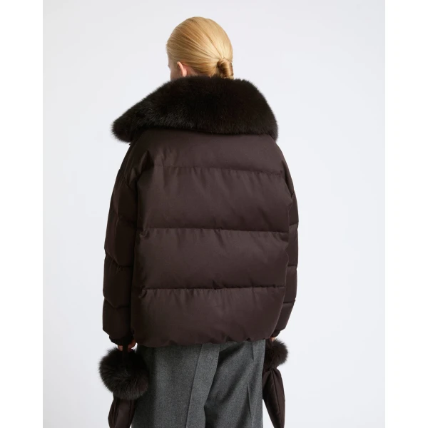 Yves Salomon Short Flannel Down Jacket with Detachable Fox Fur Collar and Mittens in Brown | Jackets | Luxury Shoes 