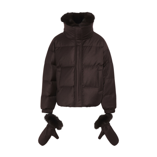 Yves Salomon Short Flannel Down Jacket with Detachable Fox Fur Collar and Mittens in Brown | Women | Luxury Shoes 
