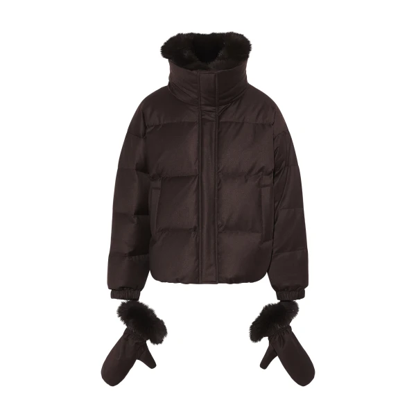 Yves Salomon Short Flannel Down Jacket with Detachable Fox Fur Collar and Mittens in Brown | Women | Luxury Shoes 