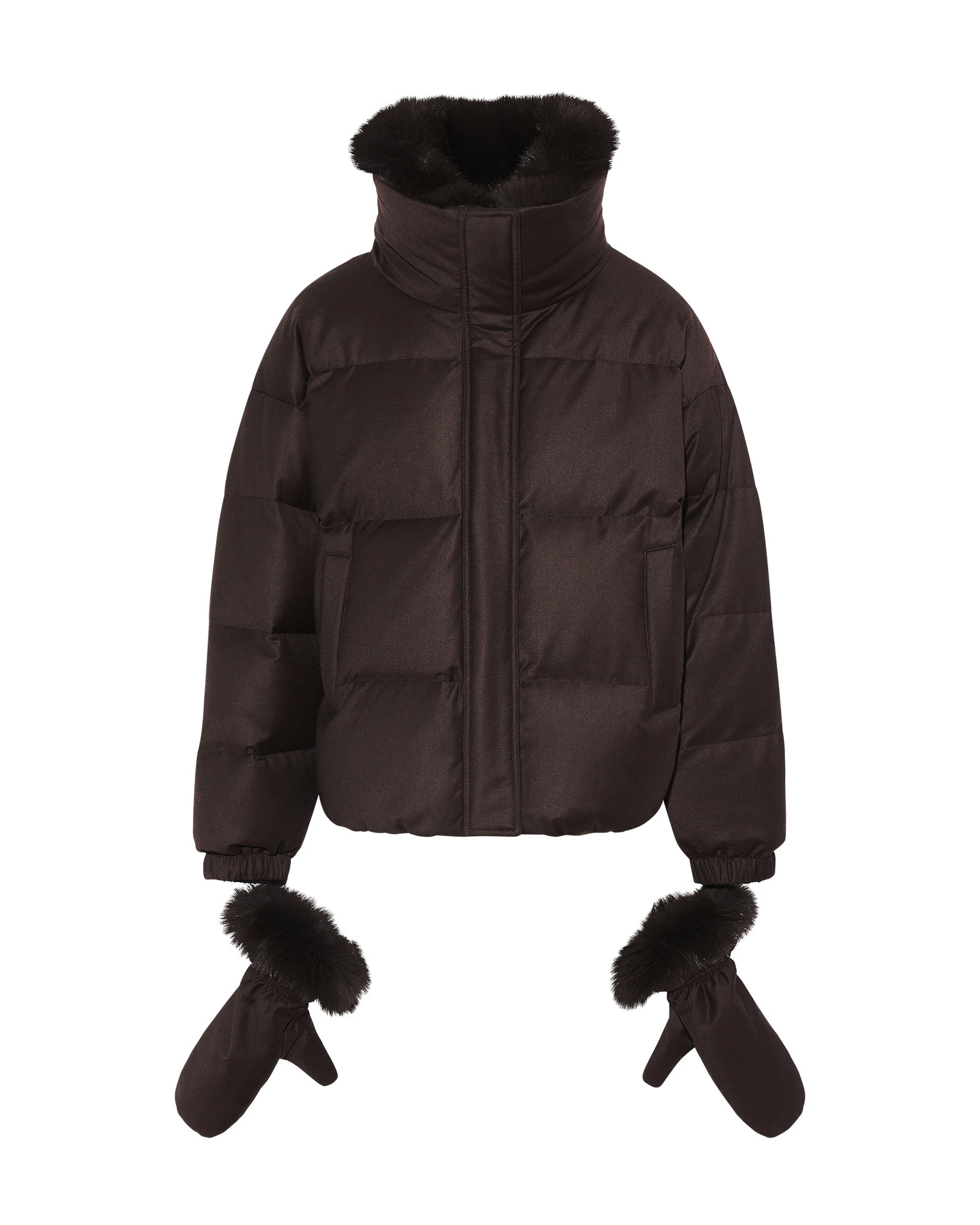 Yves Salomon Short Flannel Down Jacket with Detachable Fox Fur Collar and Mittens in Brown Yves Salomon Short Flannel Down Jacket with Detachable Fox Fur Collar and Mittens in Brown | Women | Luxury Shoes