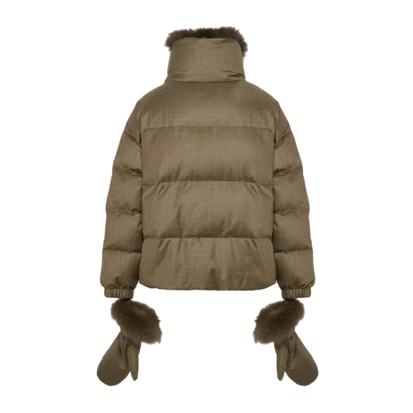 Yves Salomon Short Flannel Down Jacket with Detachable Fox Fur Collar and Mittens in Brown | Women | Luxury Shoes 