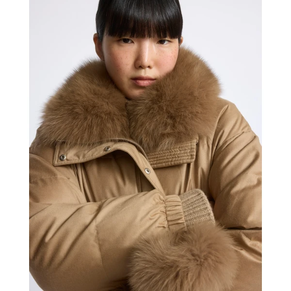 Yves Salomon Short Flannel Down Jacket with Detachable Fox Fur Collar and Mittens in Camel | Jackets | Luxury Shoes 