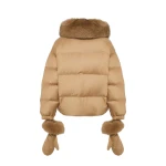 Yves Salomon Short Flannel Down Jacket with Detachable Fox Fur Collar and Mittens in Camel | Women | Luxury Shoes 