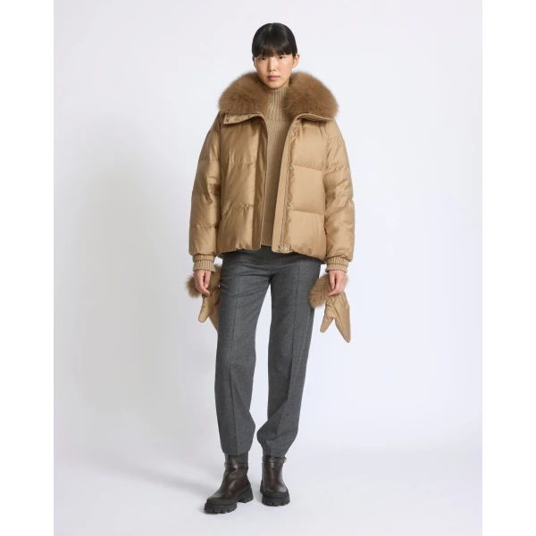 Yves Salomon Short Flannel Down Jacket with Detachable Fox Fur Collar and Mittens in Camel | Jackets | Luxury Shoes 