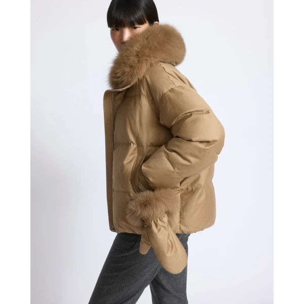 Yves Salomon Short Flannel Down Jacket with Detachable Fox Fur Collar and Mittens in Camel | Jackets | Luxury Shoes 