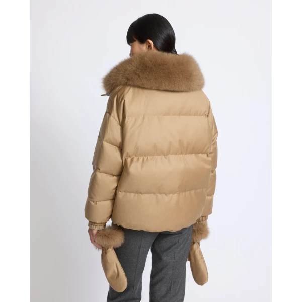 Yves Salomon Short Flannel Down Jacket with Detachable Fox Fur Collar and Mittens in Camel | Jackets | Luxury Shoes 