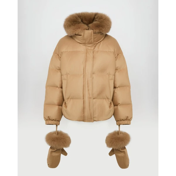 Yves Salomon Short Flannel Down Jacket with Detachable Fox Fur Collar and Mittens in Camel | Jackets | Luxury Shoes 