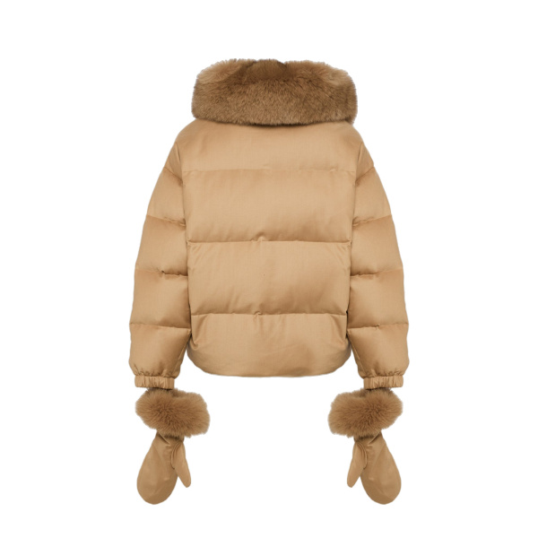 Yves Salomon Short Flannel Down Jacket with Detachable Fox Fur Collar and Mittens in Camel | Women | Luxury Shoes 