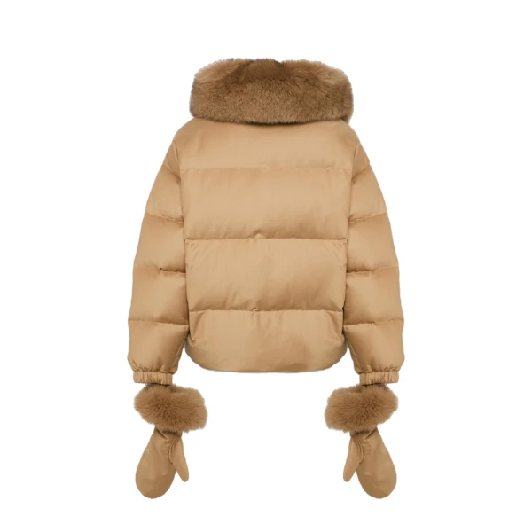 Yves Salomon Short Flannel Down Jacket with Detachable Fox Fur Collar and Mittens in Camel | Women | Luxury Shoes 