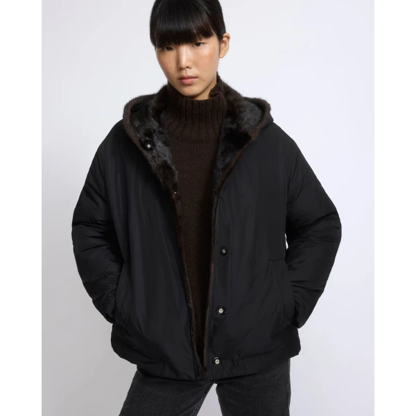 Yves Salomon Short Hooded Down Jacket with Mink Fur Lining in Black | Jackets | Luxury Shoes 
