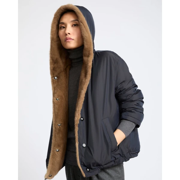 Yves Salomon Short Hooded Down Jacket with Mink Fur Lining in Blue and Beige | Jackets | Luxury Shoes 