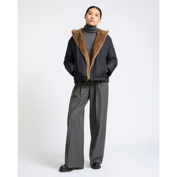 Yves Salomon Short Hooded Down Jacket with Mink Fur Lining in Blue and Beige | Jackets | Luxury Shoes 