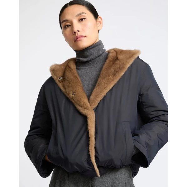 Yves Salomon Short Hooded Down Jacket with Mink Fur Lining in Blue and Beige | Jackets | Luxury Shoes 