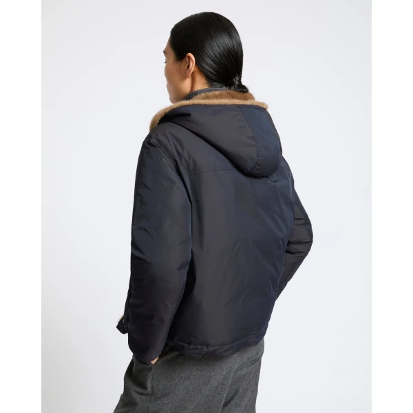 Yves Salomon Short Hooded Down Jacket with Mink Fur Lining in Blue and Beige | Jackets | Luxury Shoes 