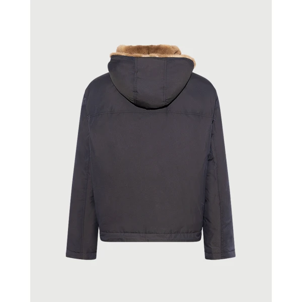 Yves Salomon Short Hooded Down Jacket with Mink Fur Lining in Blue and Beige | Jackets | Luxury Shoes 