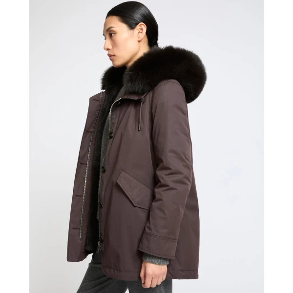 Yves Salomon Short Iconic Waterproof Cotton Parka with Fox and Rabbit Fur in Brown | Jackets | Luxury Shoes 