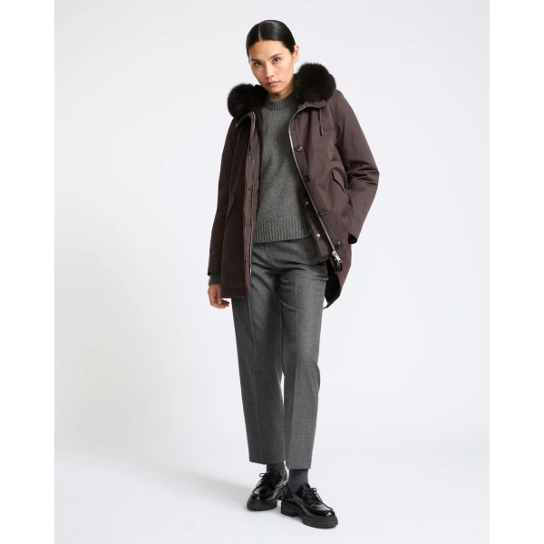 Yves Salomon Short Iconic Waterproof Cotton Parka with Fox and Rabbit Fur in Brown | Jackets | Luxury Shoes 
