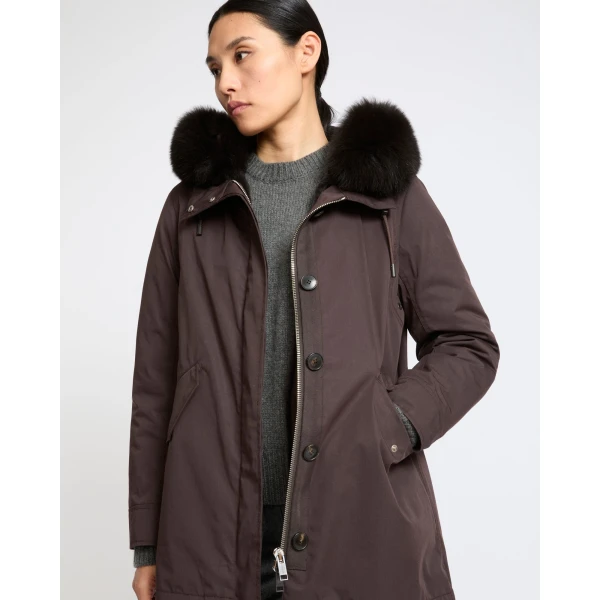 Yves Salomon Short Iconic Waterproof Cotton Parka with Fox and Rabbit Fur in Brown | Jackets | Luxury Shoes 