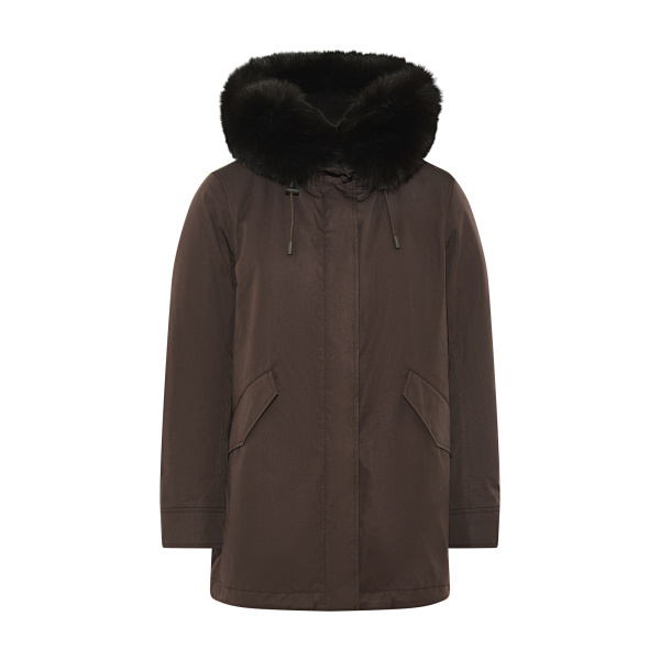 Yves Salomon Short Iconic Waterproof Cotton Parka with Fox and Rabbit Fur in Brown | Women | Luxury Shoes 