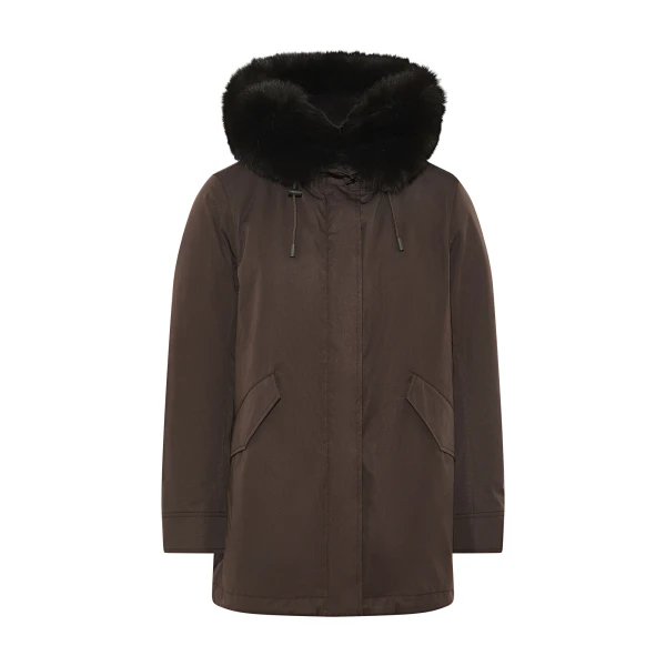 Short Iconic Waterproof Cotton Parka with Fox and Rabbit Fur in Brown
