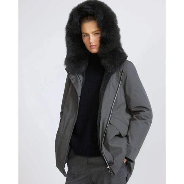 Yves Salomon Short Iconic Waterproof Cotton Parka with Fox and Rabbit Fur in Grey | Jackets | Luxury Shoes 