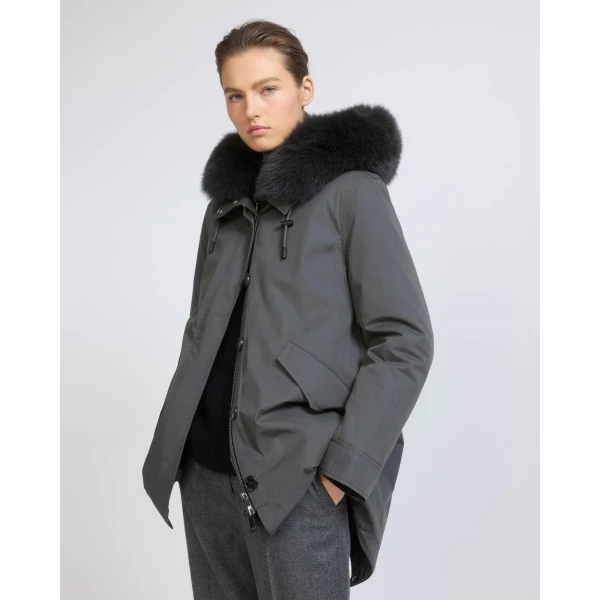 Yves Salomon Short Iconic Waterproof Cotton Parka with Fox and Rabbit Fur in Grey | Jackets | Luxury Shoes 