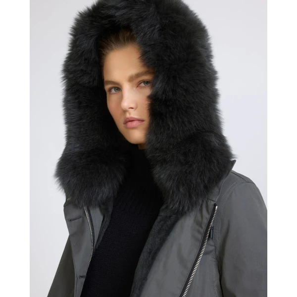 Yves Salomon Short Iconic Waterproof Cotton Parka with Fox and Rabbit Fur in Grey | Jackets | Luxury Shoes 