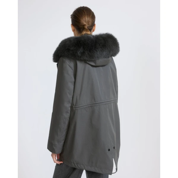 Yves Salomon Short Iconic Waterproof Cotton Parka with Fox and Rabbit Fur in Grey | Jackets | Luxury Shoes 