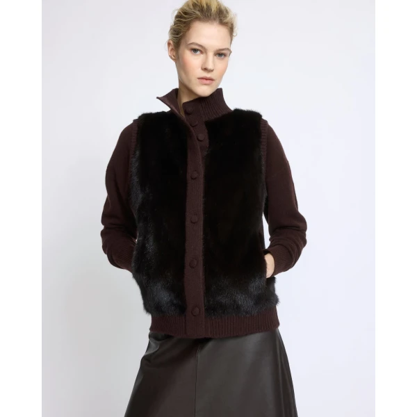 Yves Salomon Short Knitted Merino and Mink Gilet in Brown | Vests | Luxury Shoes 